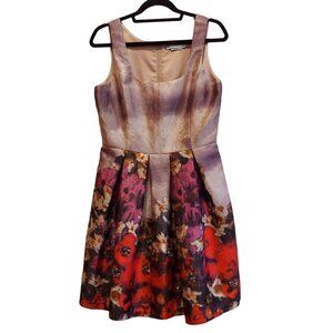 Debbie Shuchat Dress 10 Floral pleated fit Flare colorful gold threads sequins